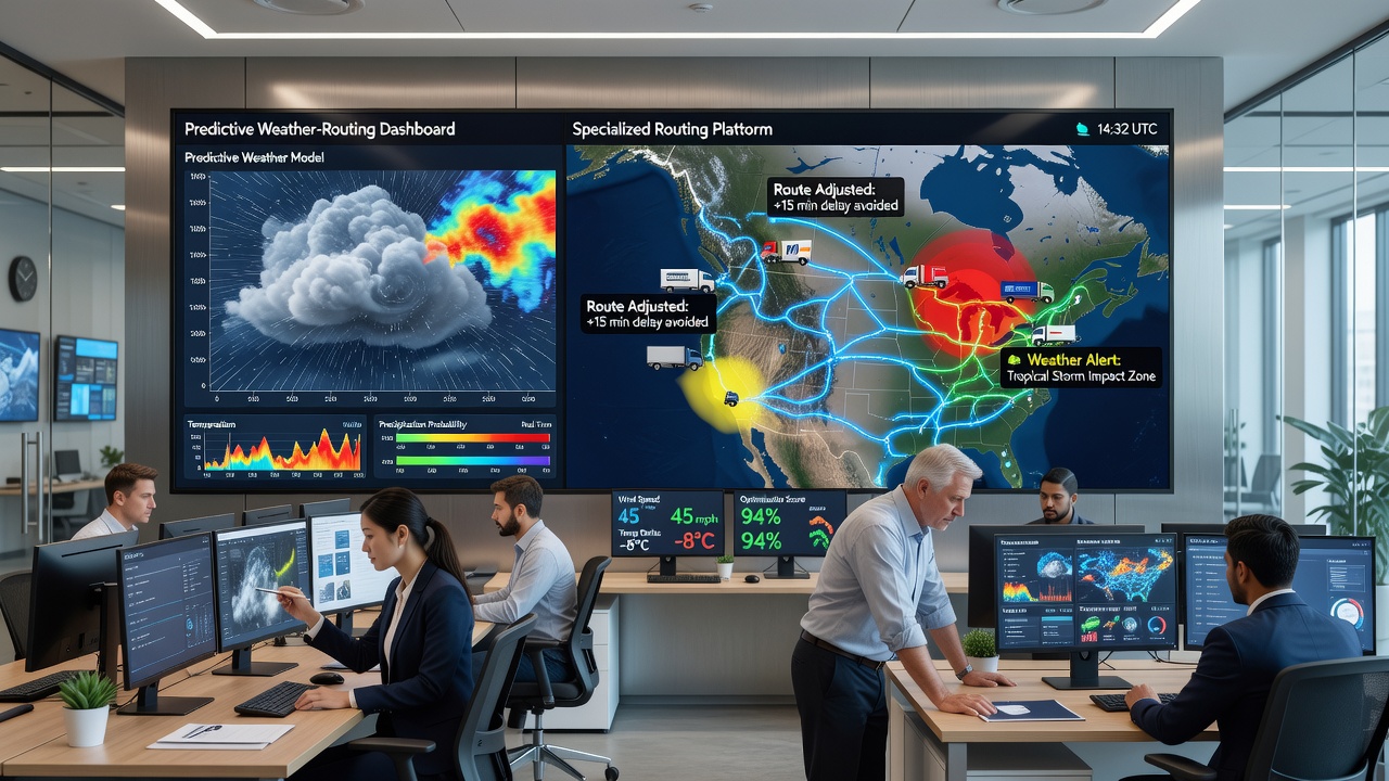 Freight trucks navigating rerouted paths on interactive weather-integrated maps